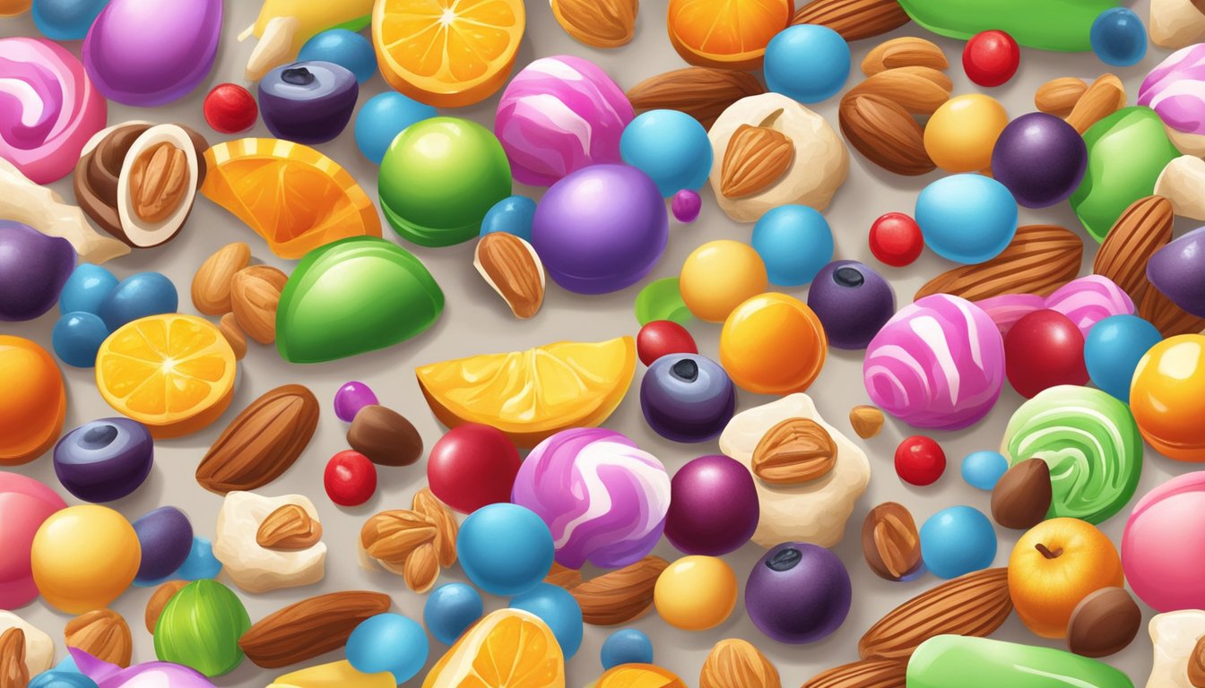 A colorful array of candies, fruits, and nuts spills out onto a kitchen counter, ready to be mixed into a bowl of creamy ice cream