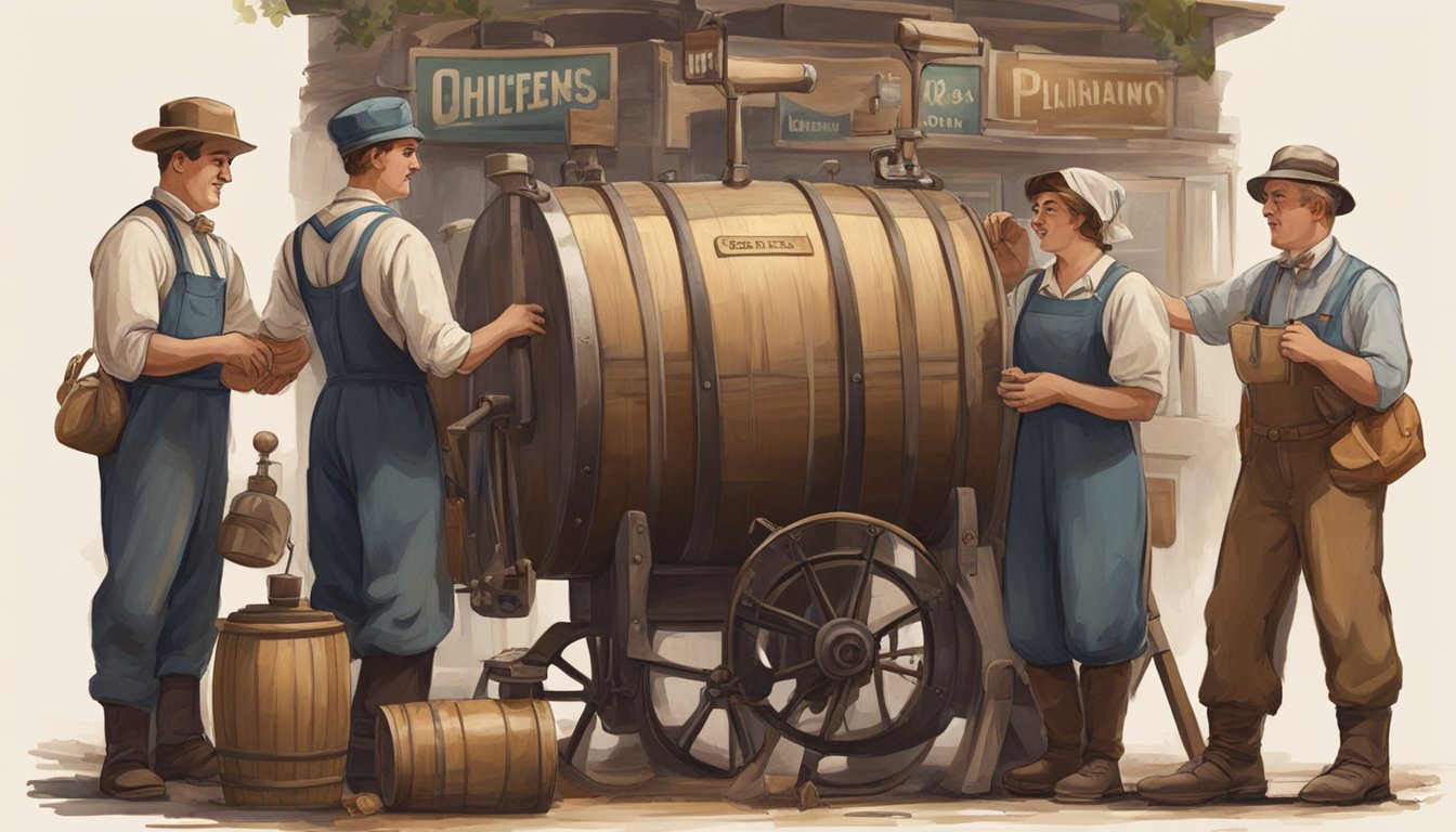 A group of workers in vintage uniforms gather around a large churn, surrounded by old-fashioned equipment and signage. The atmosphere is bustling yet friendly, with a sense of tradition and camaraderie