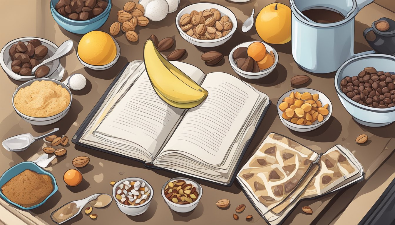 A kitchen counter with an open recipe book, a scoop of ice cream, and various ingredients like fruits, nuts, and chocolate chips laid out