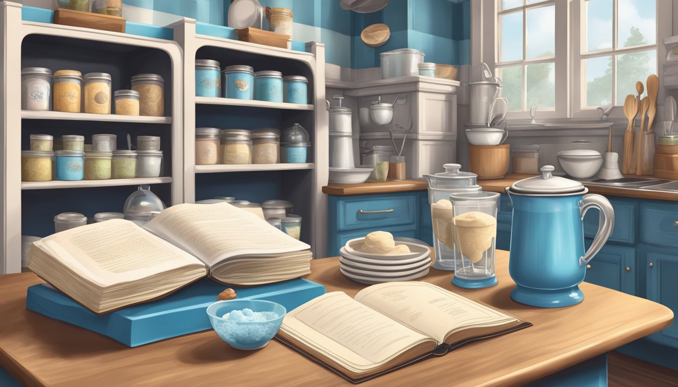 A vintage ice cream parlor with shelves of Blue Bell ice cream and a recipe book open on a counter, surrounded by cooking utensils and ingredients