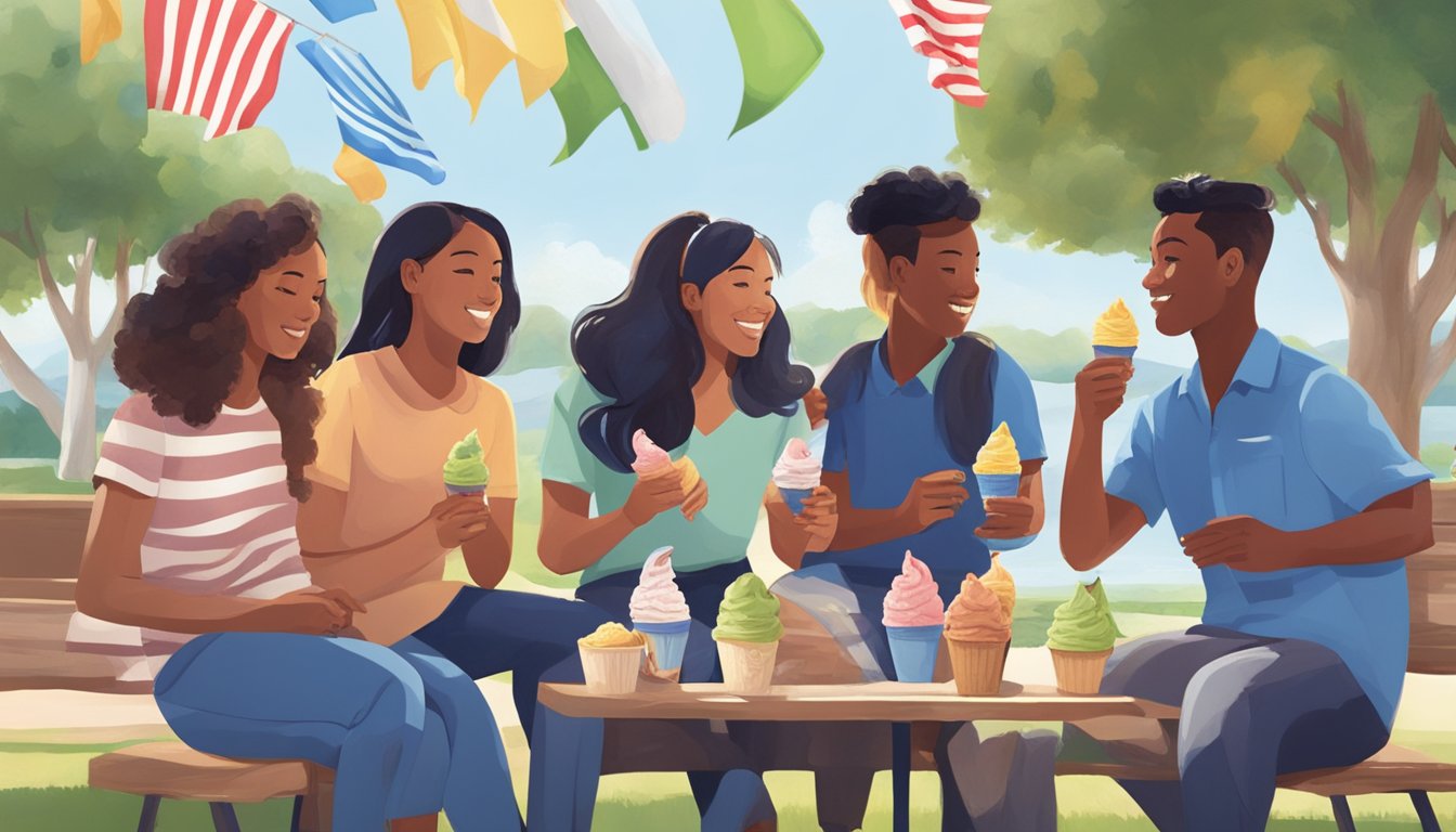 A group of diverse people enjoying Blue Bell ice cream in a peaceful, international setting, with flags from various countries in the background