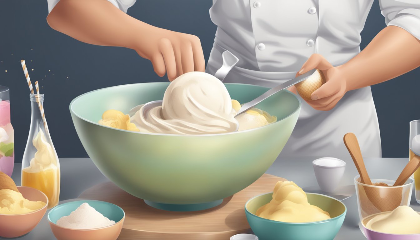 A chef mixing ice cream with ingredients in a bowl