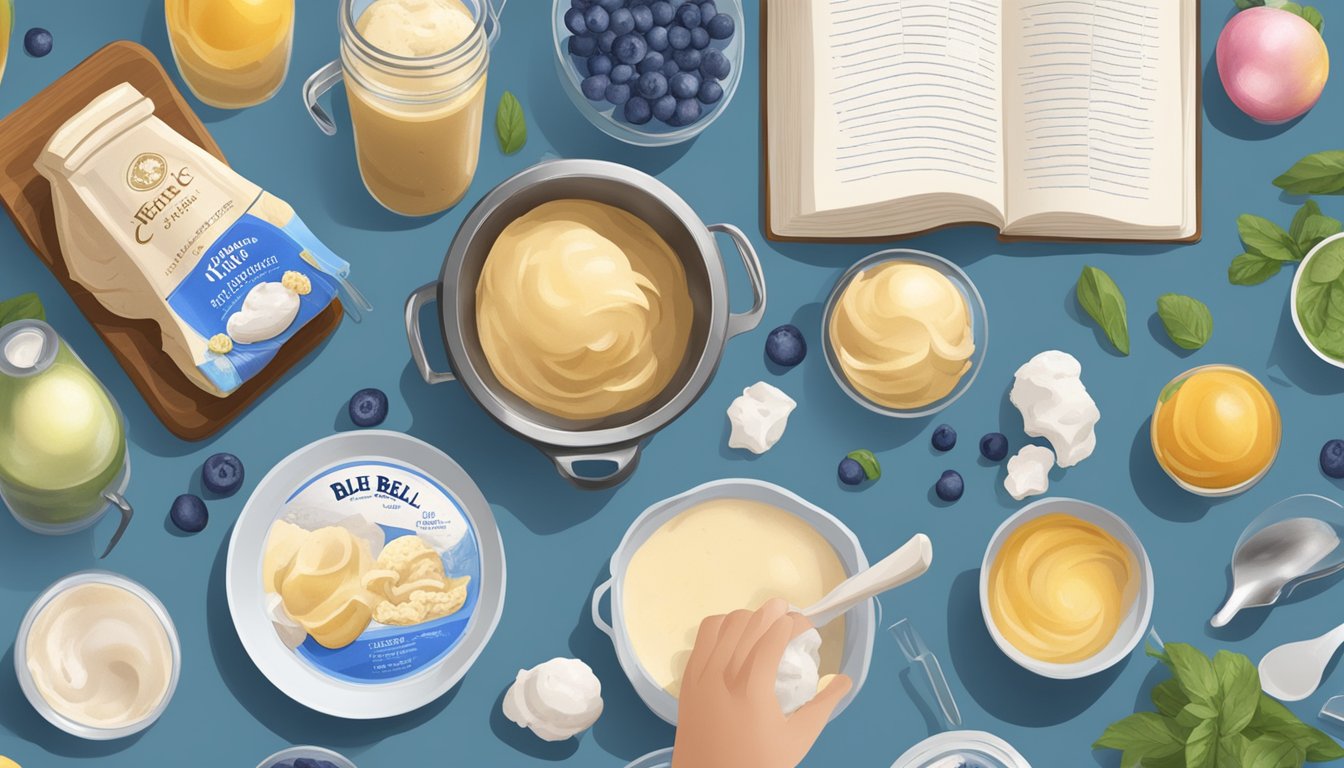 A person cooking with Blue Bell ice cream, surrounded by ingredients and a recipe book