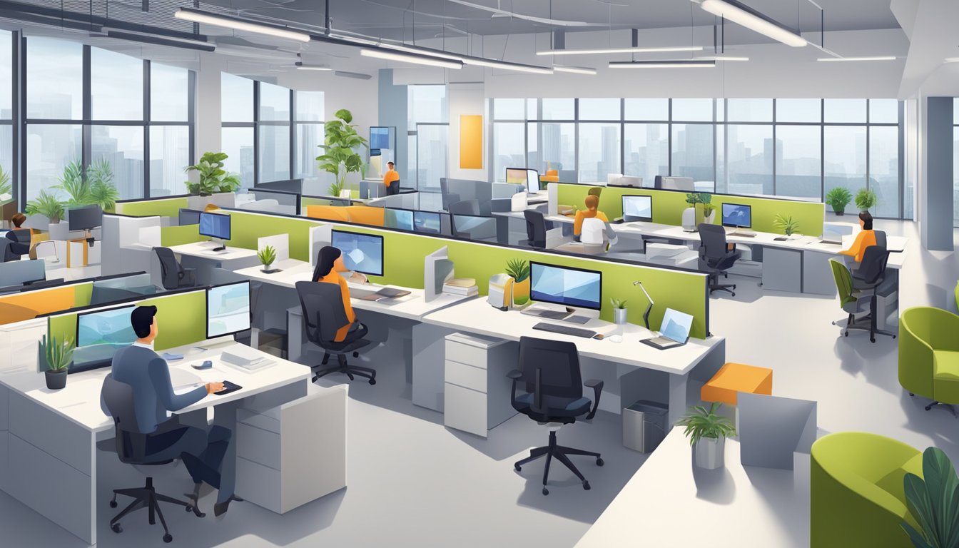 A group of employees working in a vibrant and collaborative office environment, with open workspaces and modern decor. The scene exudes a sense of teamwork and longevity