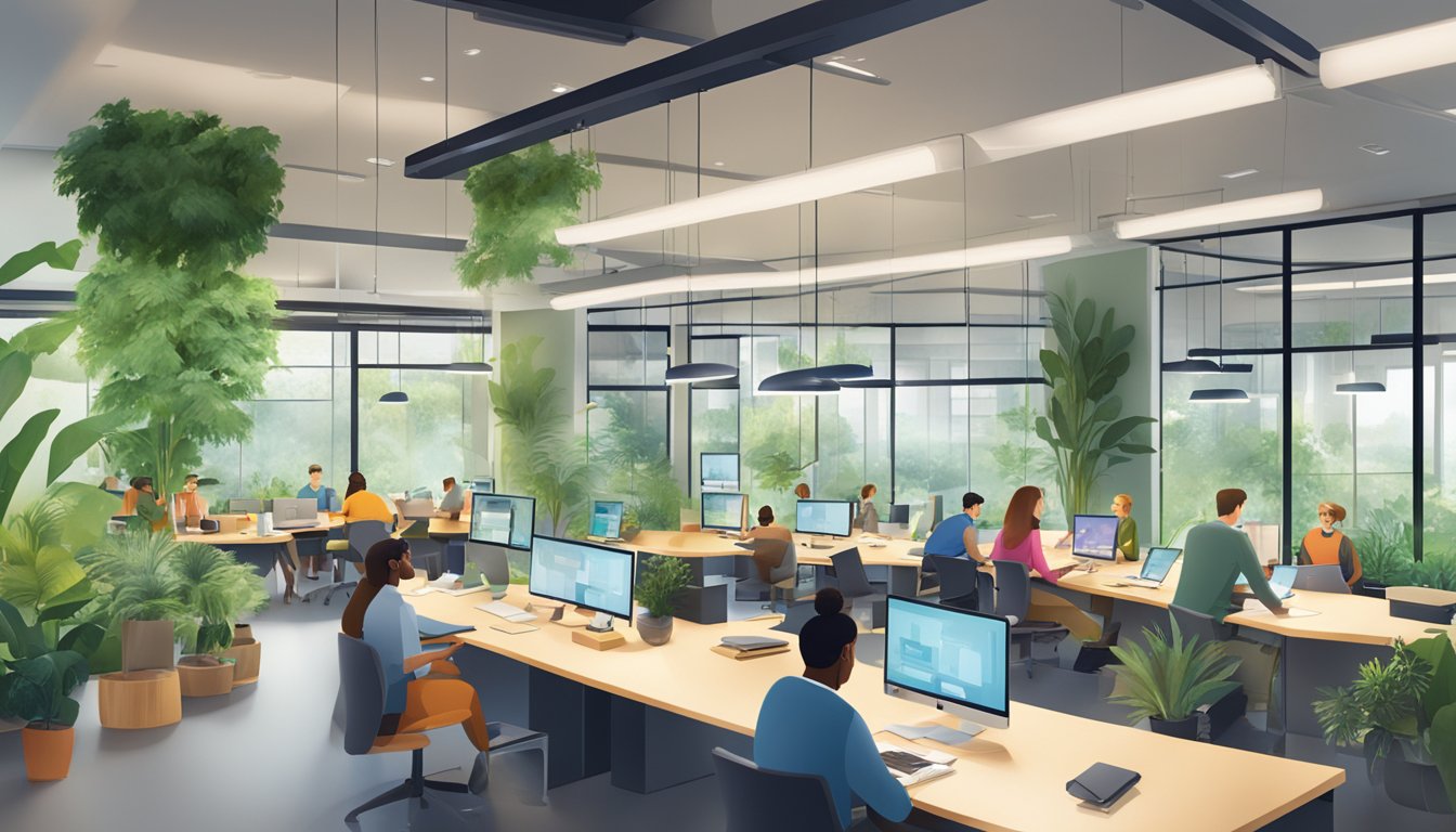 A bustling office with modern technology and collaborative workspaces, surrounded by lush greenery and natural light. Employees engage in brainstorming sessions and casual conversations, showcasing a culture of innovation and adaptability