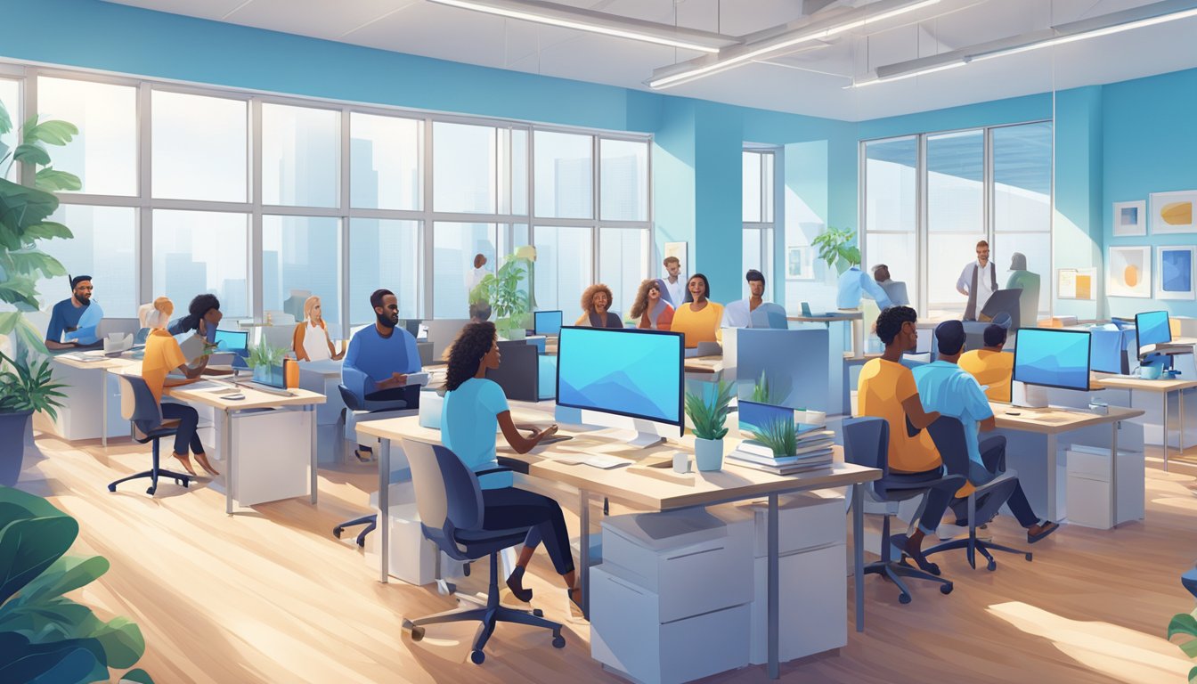 A group of diverse employees engaged in collaborative work in a bright, open office space filled with natural light and vibrant blue decor