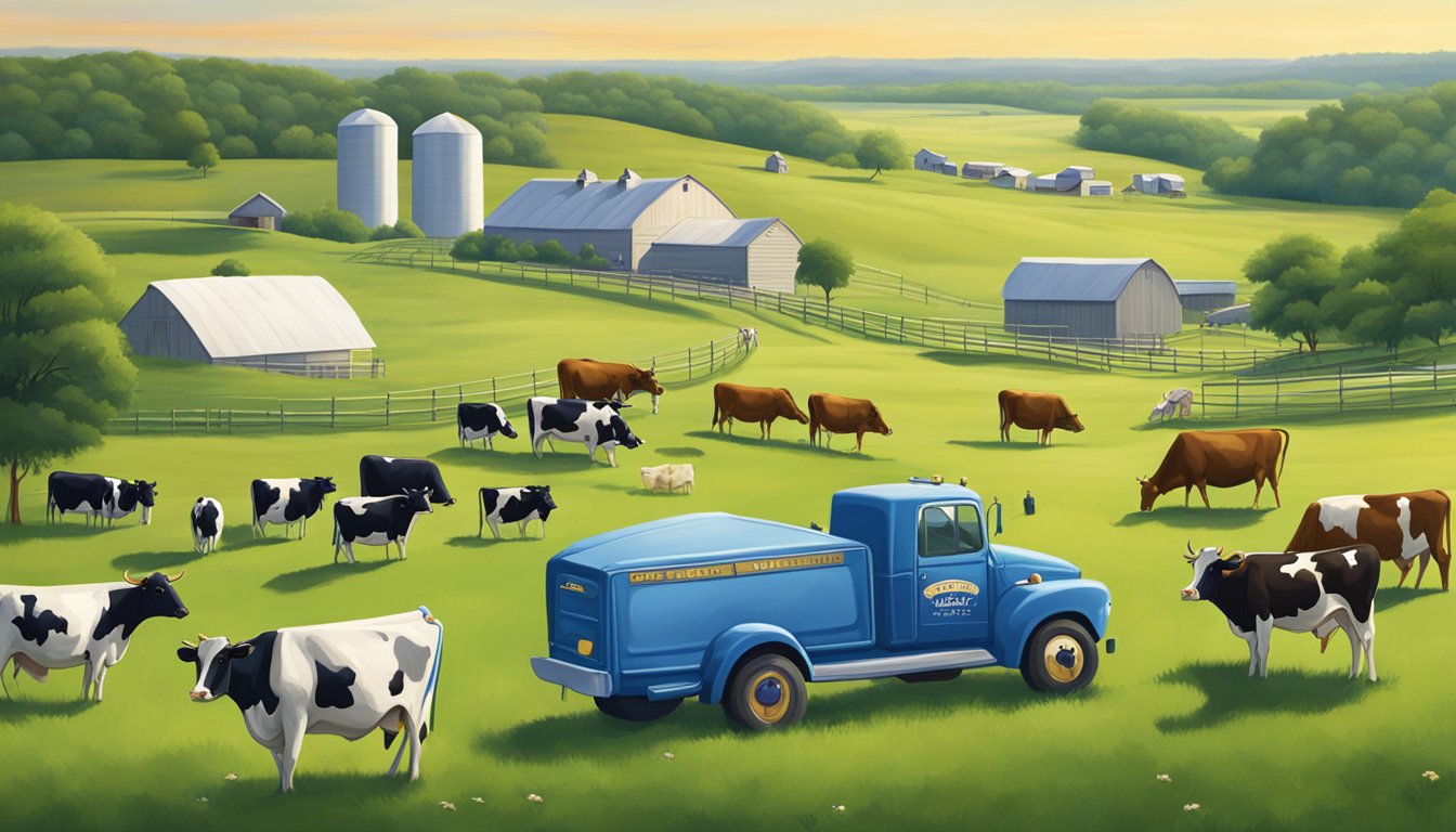 A serene Texas landscape with a sprawling dairy farm, iconic Blue Bell Creameries trucks, and a group of contented cows grazing in the lush green fields