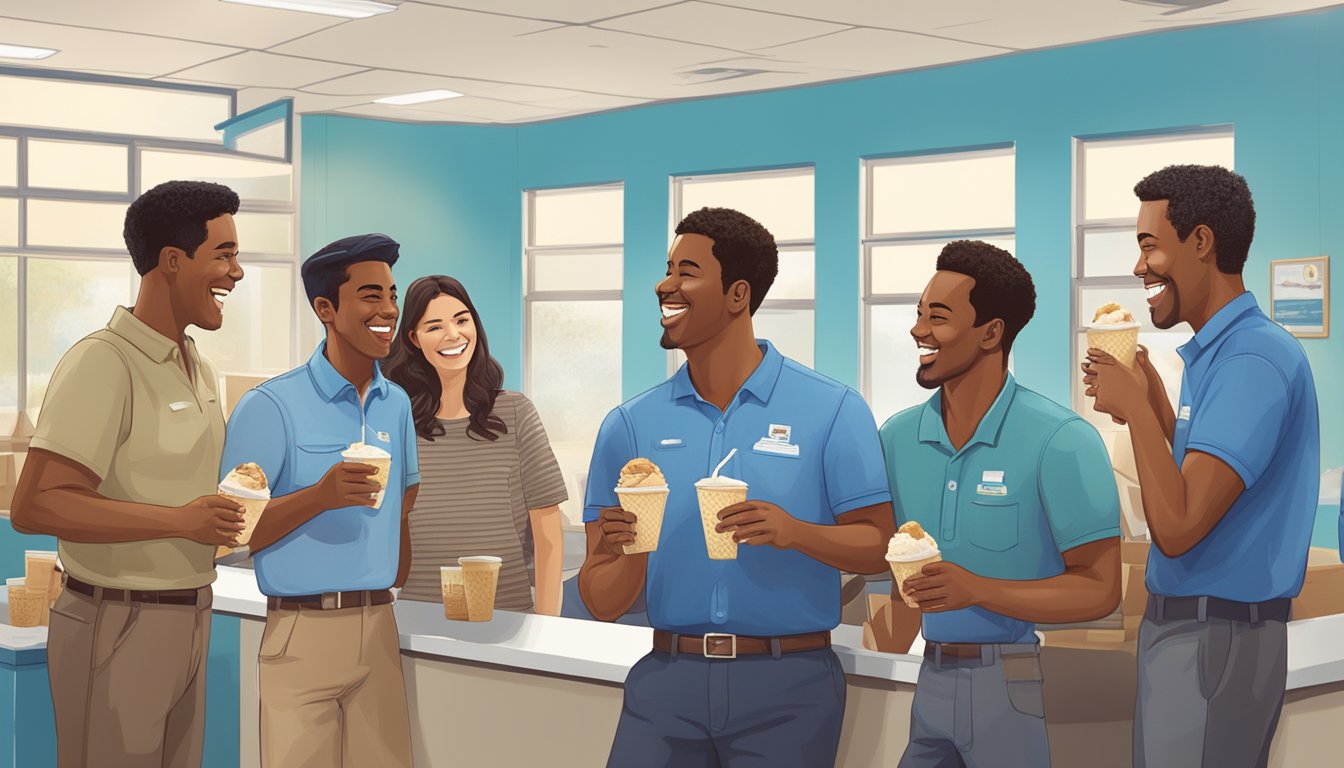 A group of employees gather in the break room, chatting and laughing while enjoying Blue Bell ice cream. The atmosphere is warm and friendly, creating a sense of camaraderie and loyalty among the workers