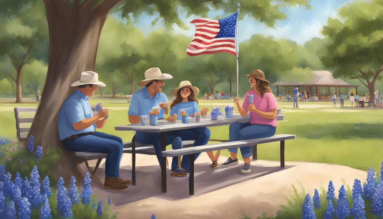 A Texan family enjoying Blue Bell ice cream at a local park, surrounded by bluebonnet flowers and a lone star flag