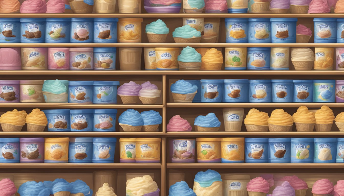 A colorful array of Blue Bell ice cream flavors displayed on a shelf, with a Texas flag in the background