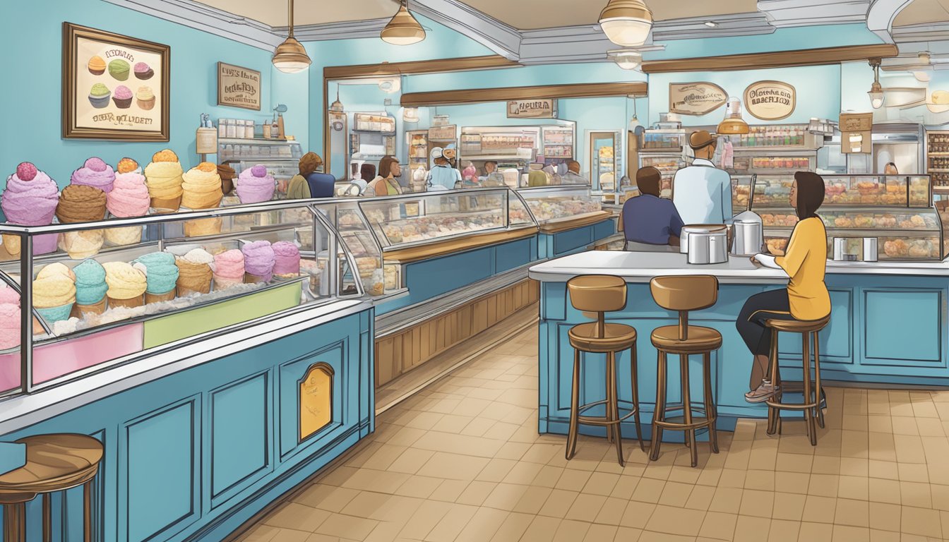 A bustling ice cream parlor with various regional ice cream brands on display, each with a sign indicating their connection to Blue Bell