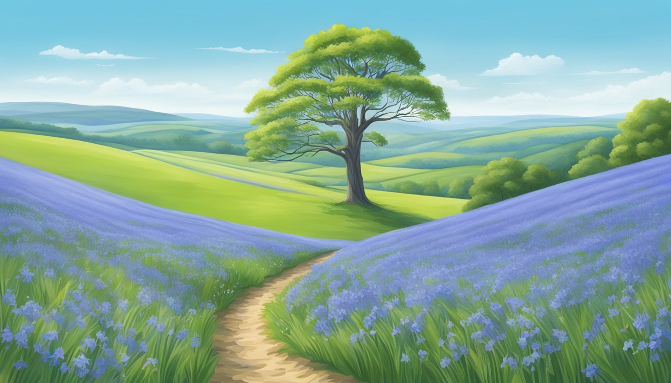 A serene bluebell field with a lone tree, surrounded by rolling green hills under a clear blue sky