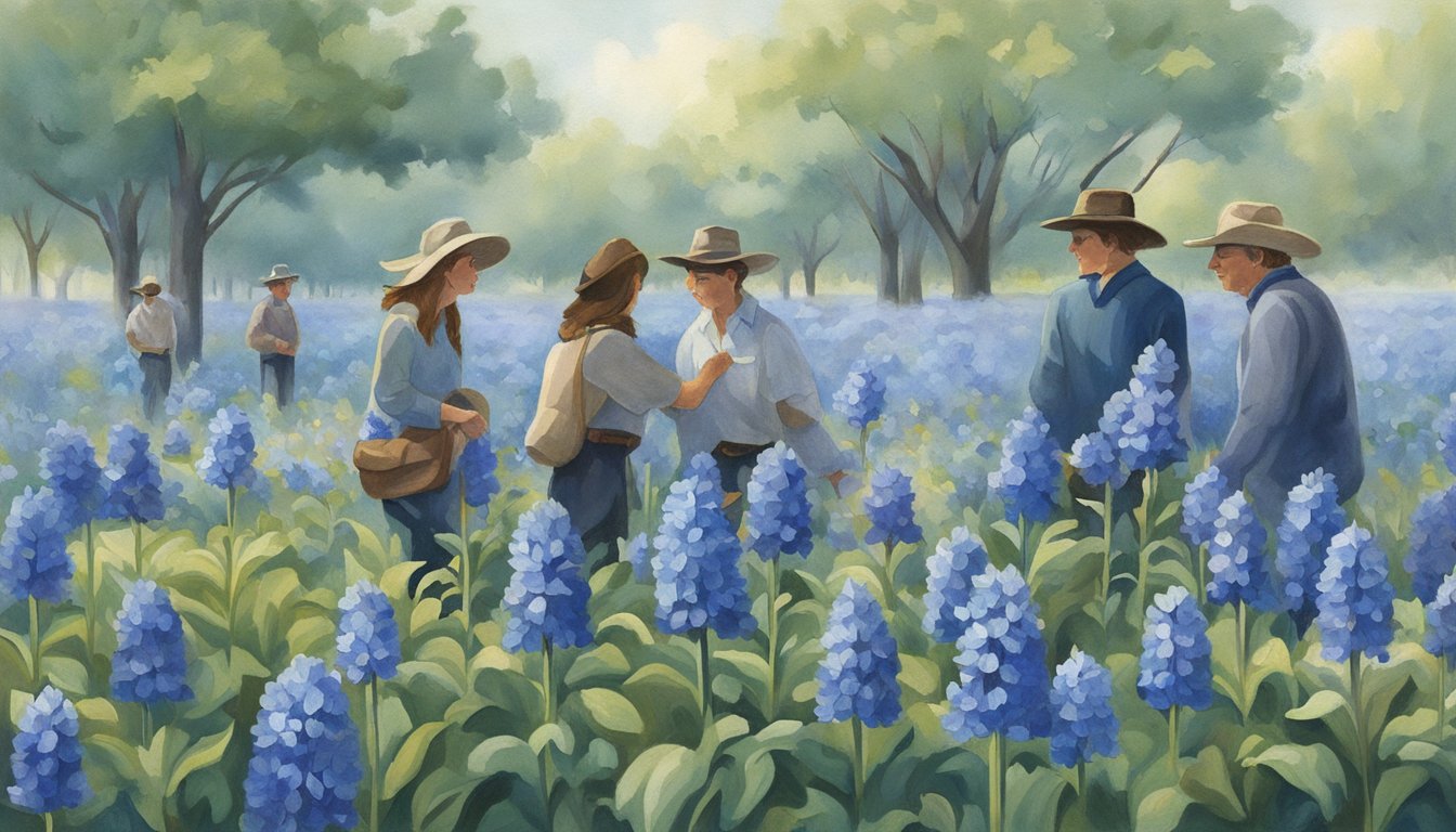 A group of people in Texas gather around a blue bell flower, symbolizing loyalty and collaboration. The blue color evokes a sense of trust and stability