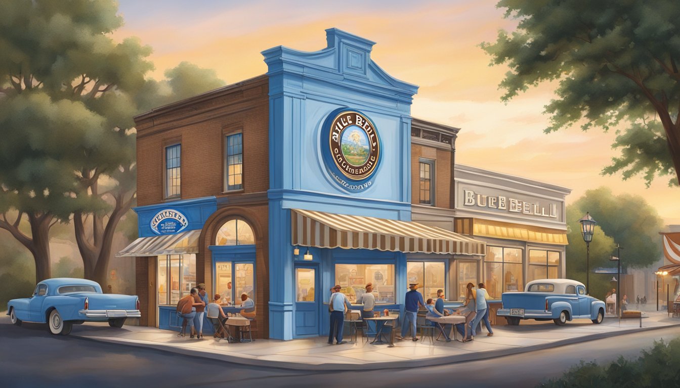 A vibrant mural of Blue Bell Creameries' iconic logo adorns the side of a bustling ice cream parlor, surrounded by depictions of Texas landmarks and cultural symbols