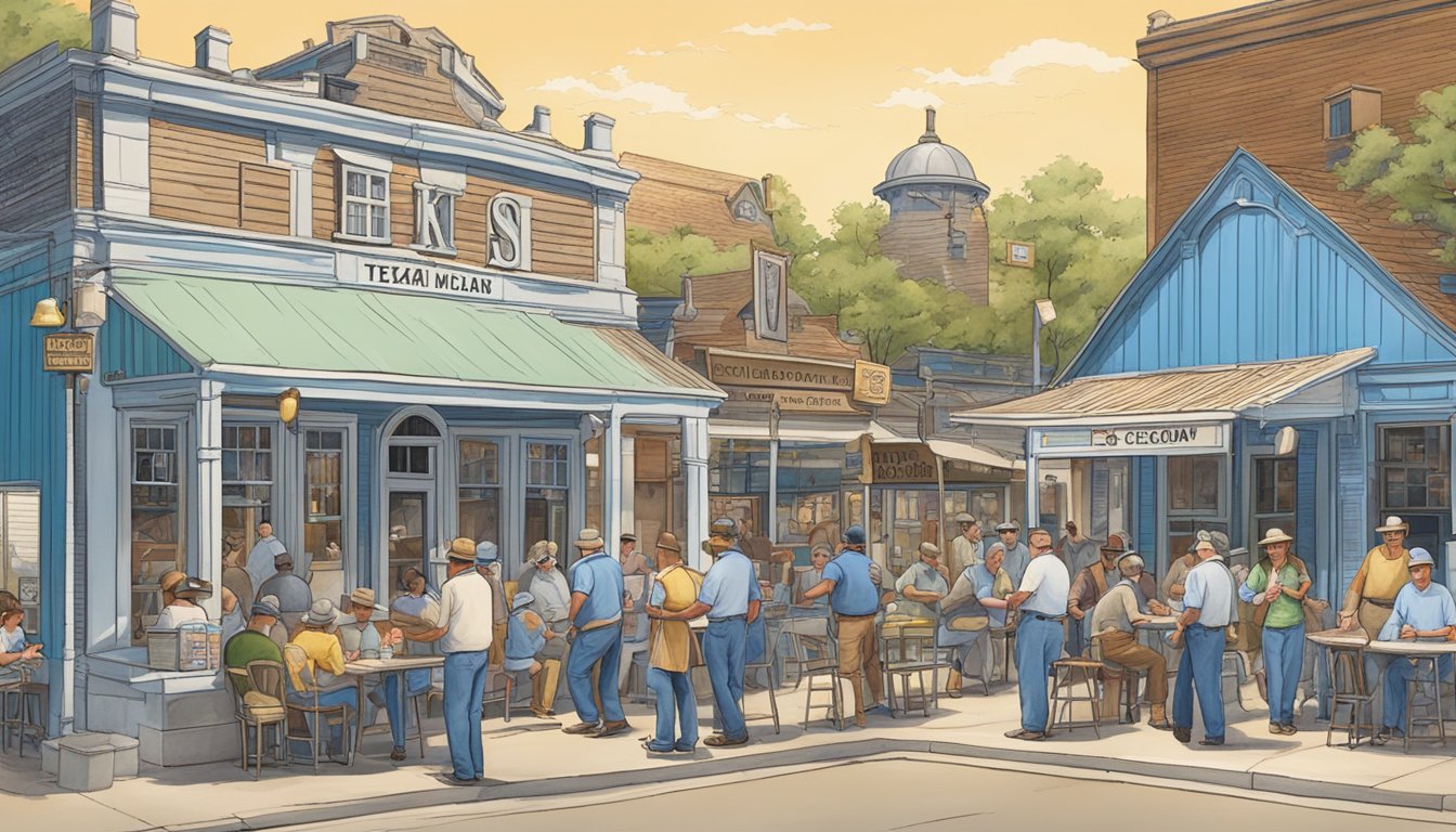 A bustling Texas town with a prominent Blue Bell factory, surrounded by loyal customers enjoying the beloved ice cream