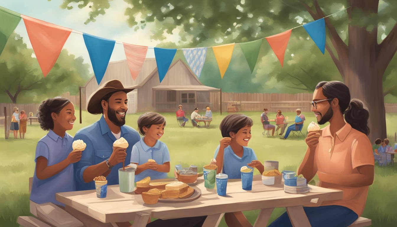 A Texan family enjoying Blue Bell ice cream at a backyard picnic, surrounded by Texas flags and a sense of community