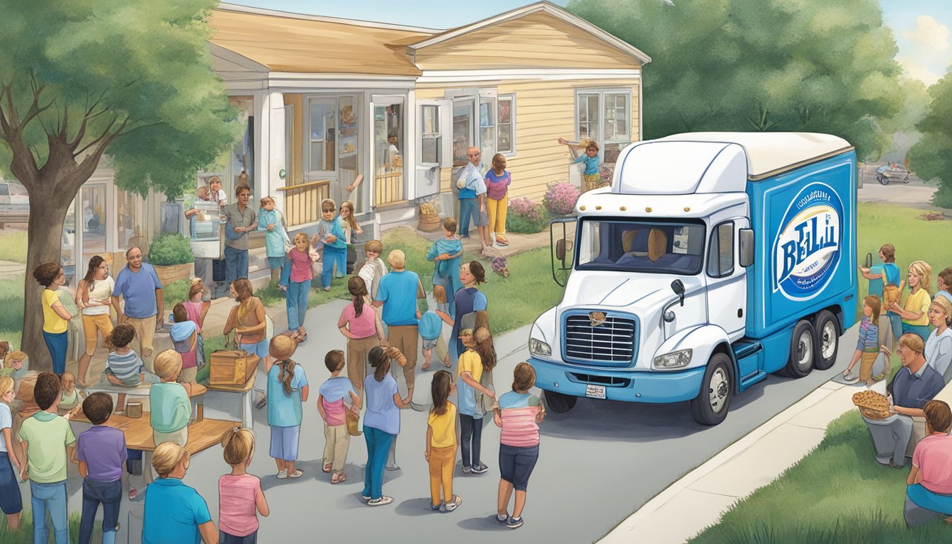 A group of regional ice cream brands gather around a large, iconic Blue Bell truck, showcasing their products and discussing marketing strategies