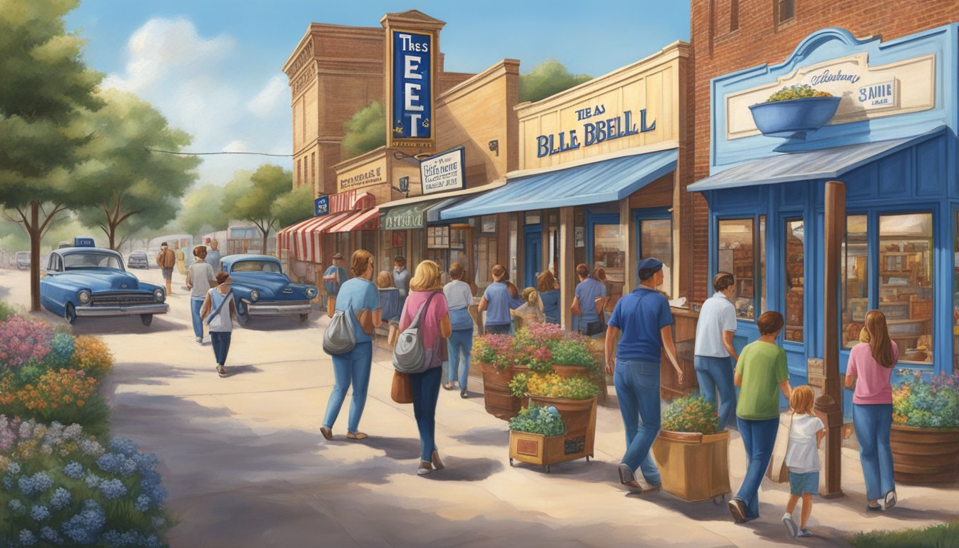 A bustling Texas town with Blue Bell products integrated into everyday life, from billboards to storefronts, reflecting the brand's influence on local culture and art