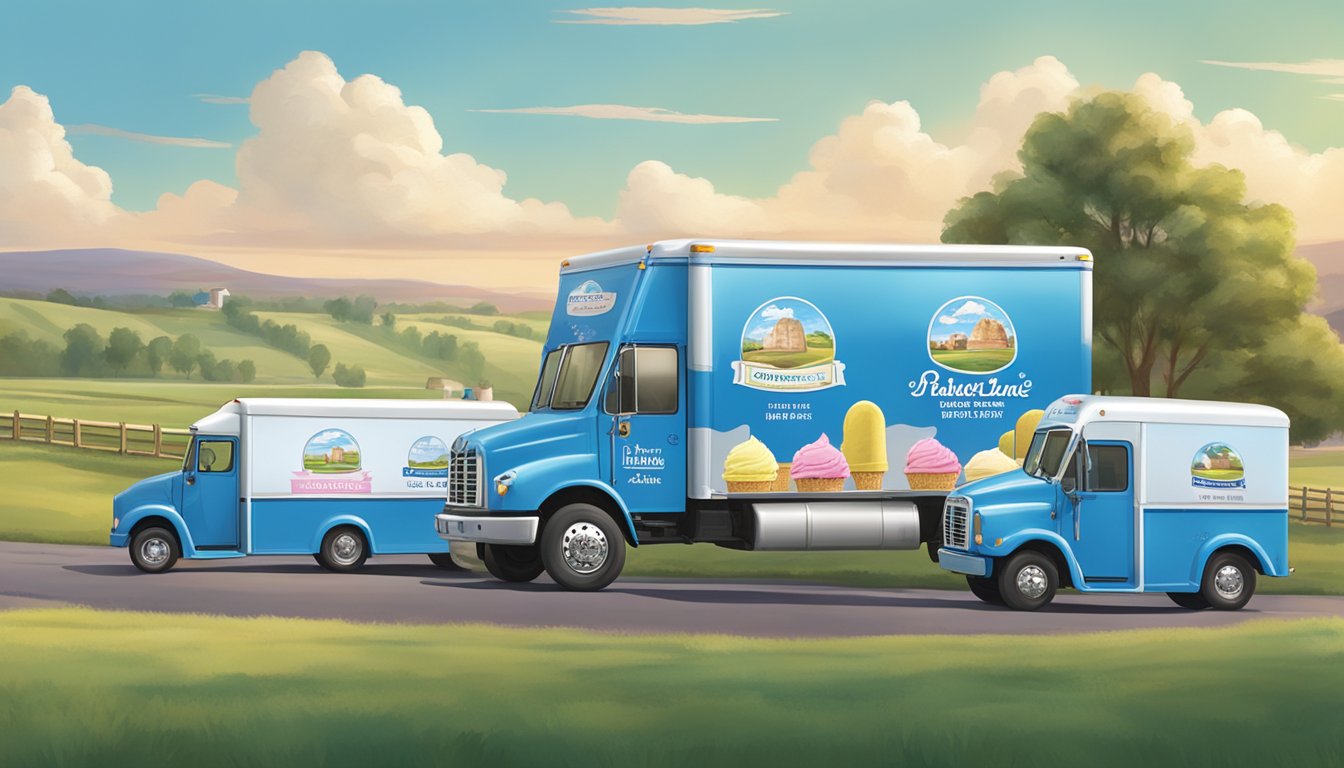 A line of regional ice cream trucks follow a Blue Bell truck through a picturesque countryside, showcasing the brand's influence on other local ice cream makers