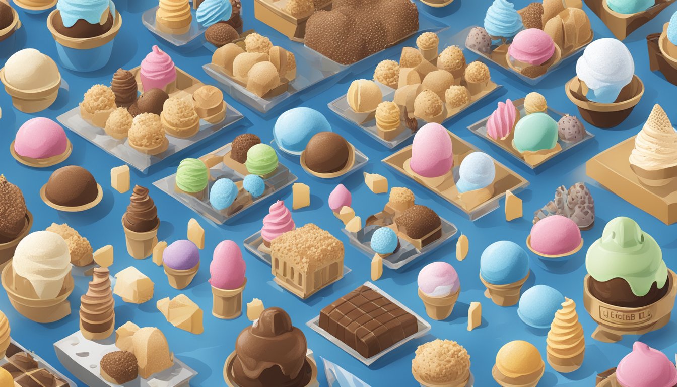 A bustling ice cream factory with various regional ice cream brands gathering around Blue Bell's iconic logo for inspiration