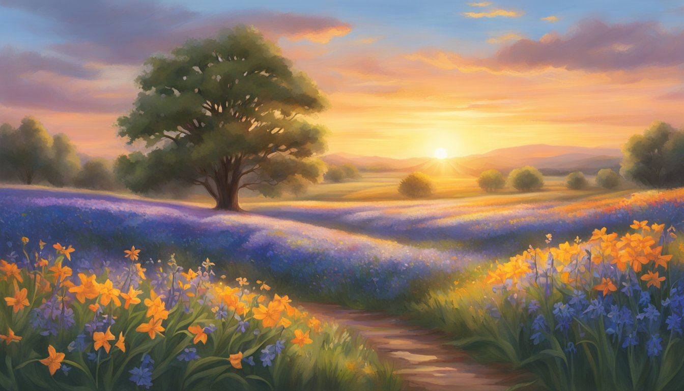 A lone bluebell flower blooms in a field, surrounded by vibrant Texas wildflowers. The sun sets in the background, casting a warm glow over the landscape