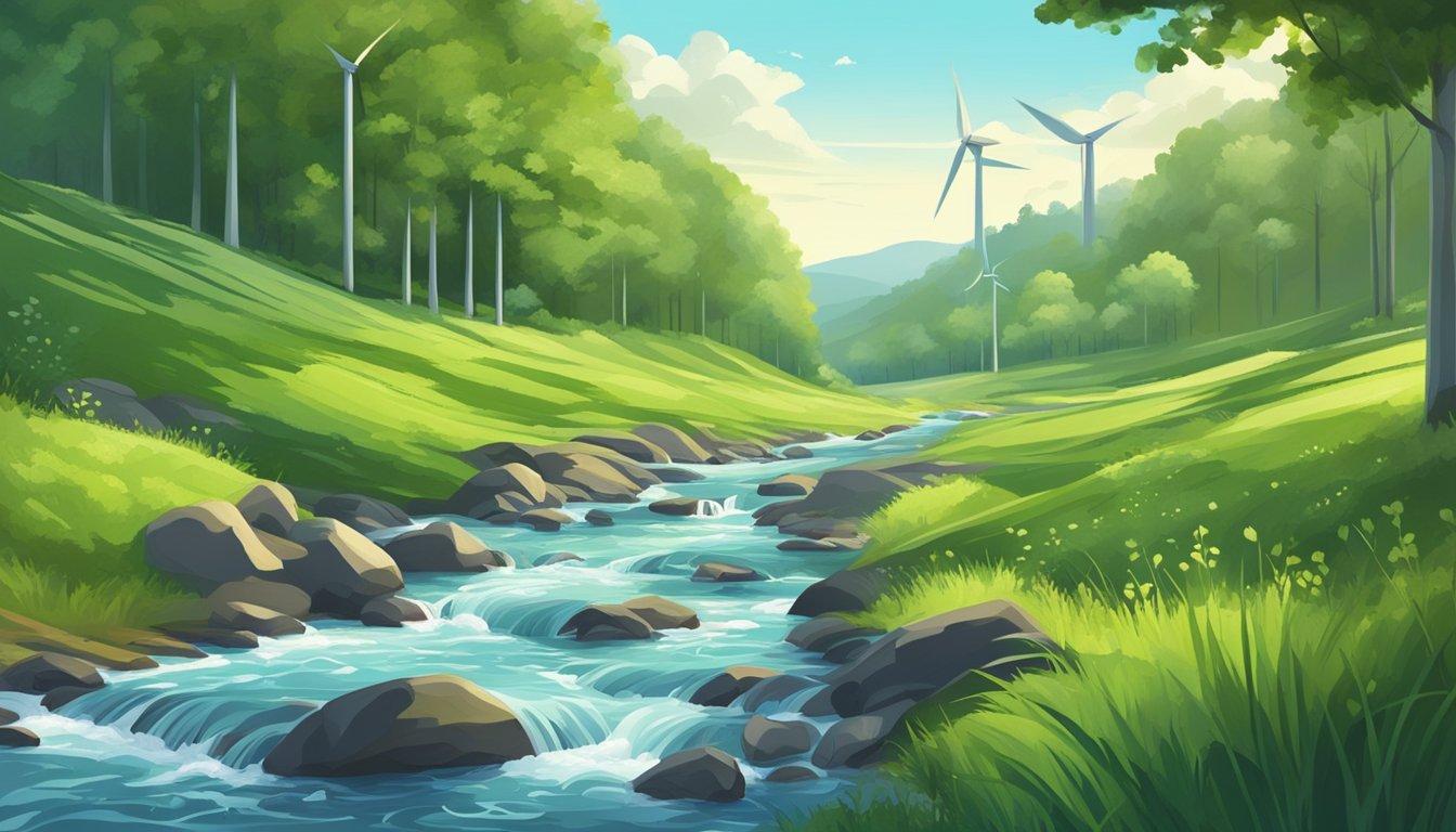 A lush green forest with a clear blue sky, wind turbines in the distance, and a stream flowing through the landscape