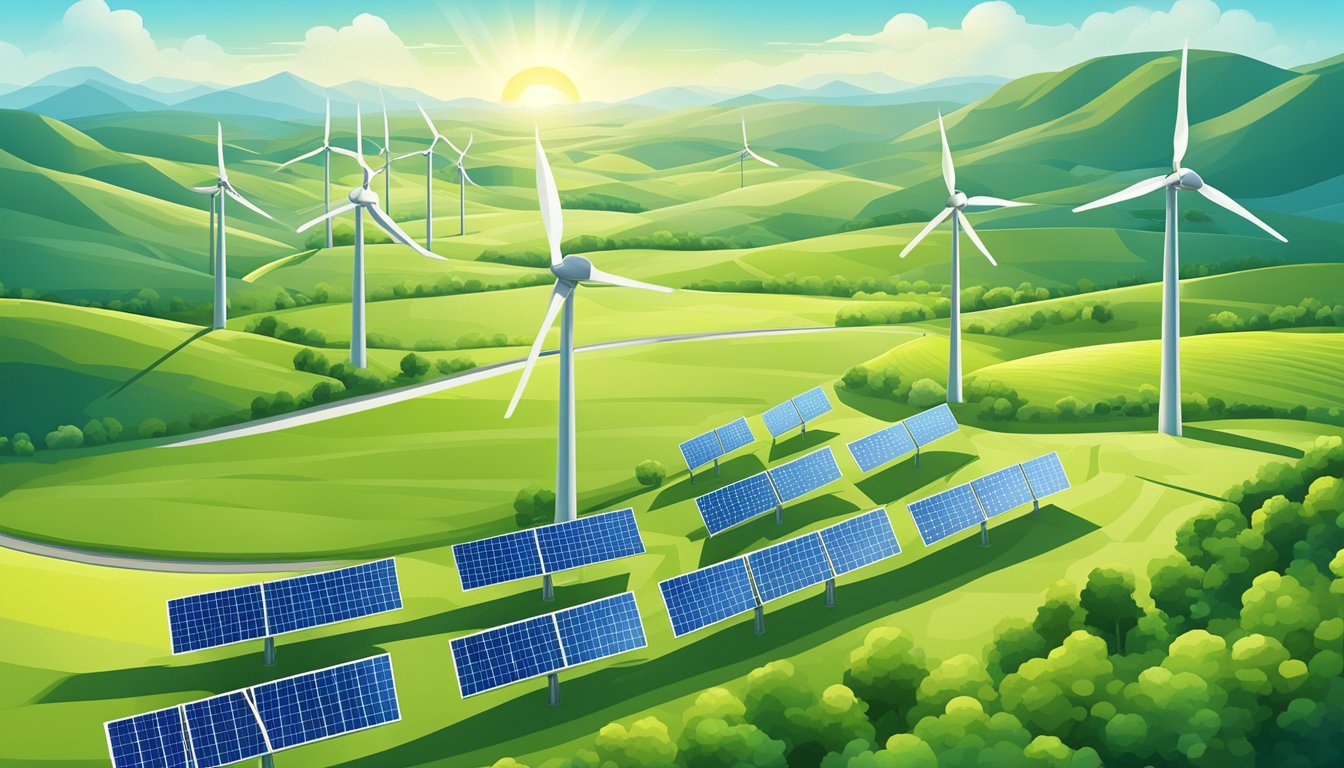 A wind turbine farm surrounded by lush green fields and solar panels, with a clear blue sky and a bright sun shining down