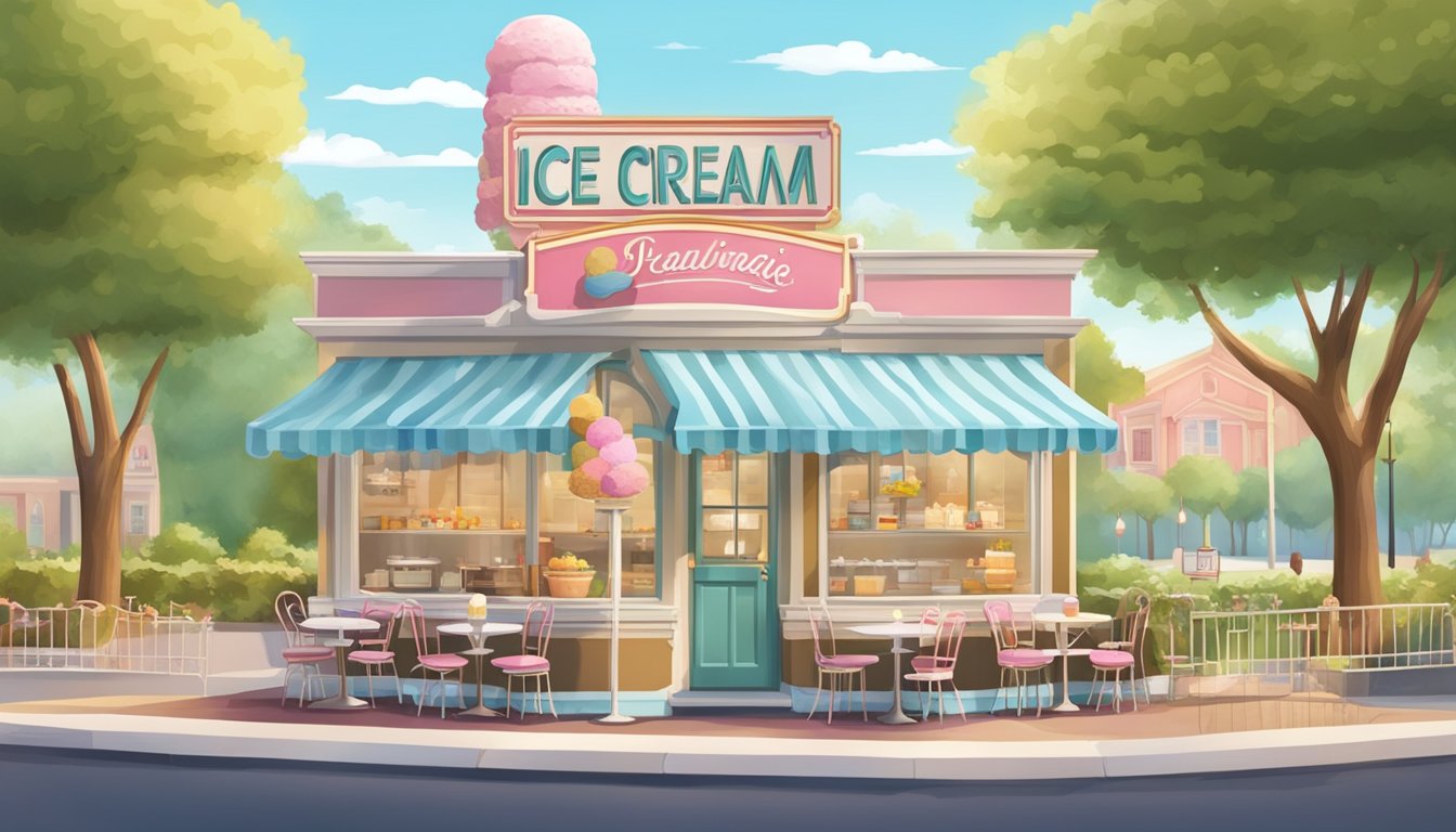 A quaint, vintage-style ice cream parlor with a colorful sign and a charming outdoor seating area