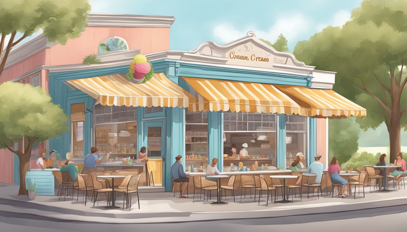 A charming creamery with a vintage storefront, colorful ice cream cones, and a bustling outdoor seating area