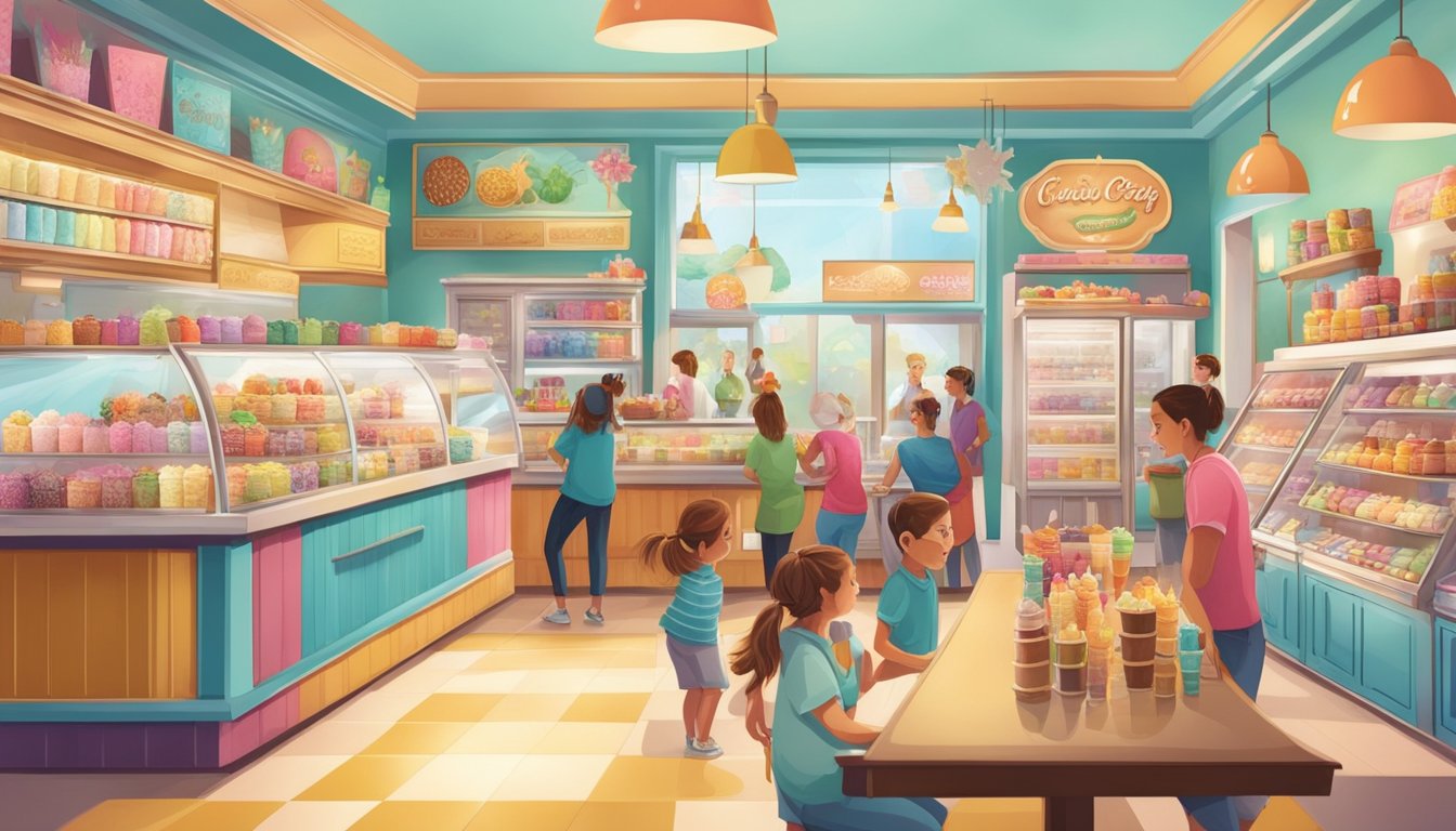 A colorful ice cream shop with a vintage feel, featuring a large display of various flavors and toppings, surrounded by happy customers enjoying their sweet treats