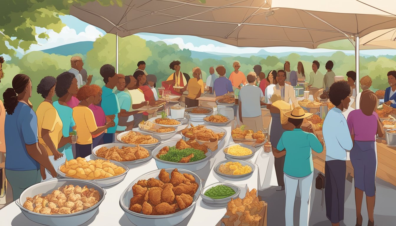 A vibrant outdoor setting with a long buffet table filled with a variety of fried chicken, sides, and drinks. People are lined up, chatting and enjoying the delicious spread