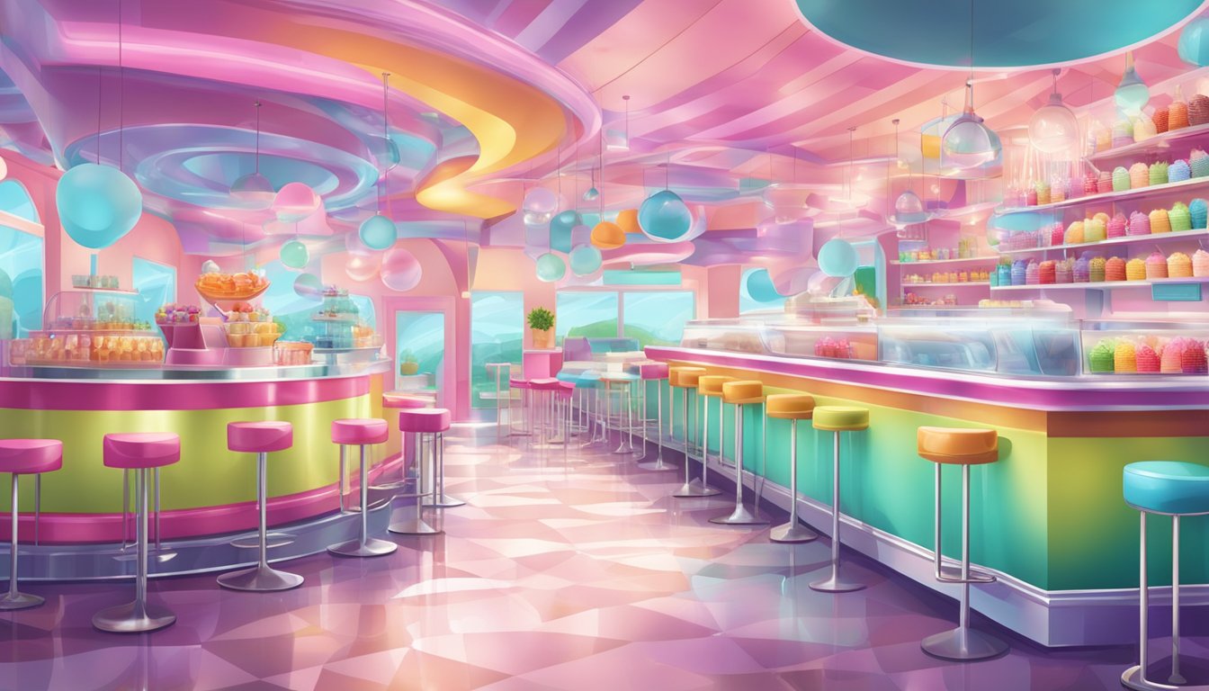 A bustling ice cream parlor with colorful, futuristic decor and innovative flavor displays. A dreamy, whimsical atmosphere with a touch of modernity