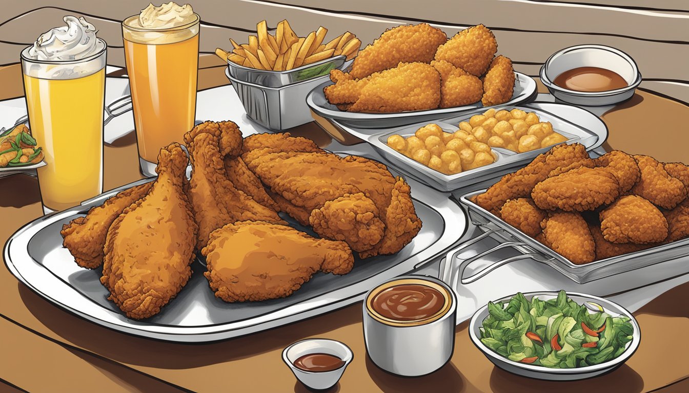 A table set with a variety of catering menu selections from Church's Texas Chicken, including fried chicken, sides, and desserts