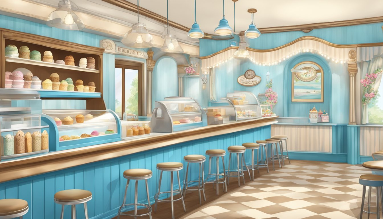 A quaint, vintage-style ice cream parlor with a bright blue and white color scheme, adorned with charming bell-shaped decorations and a welcoming atmosphere