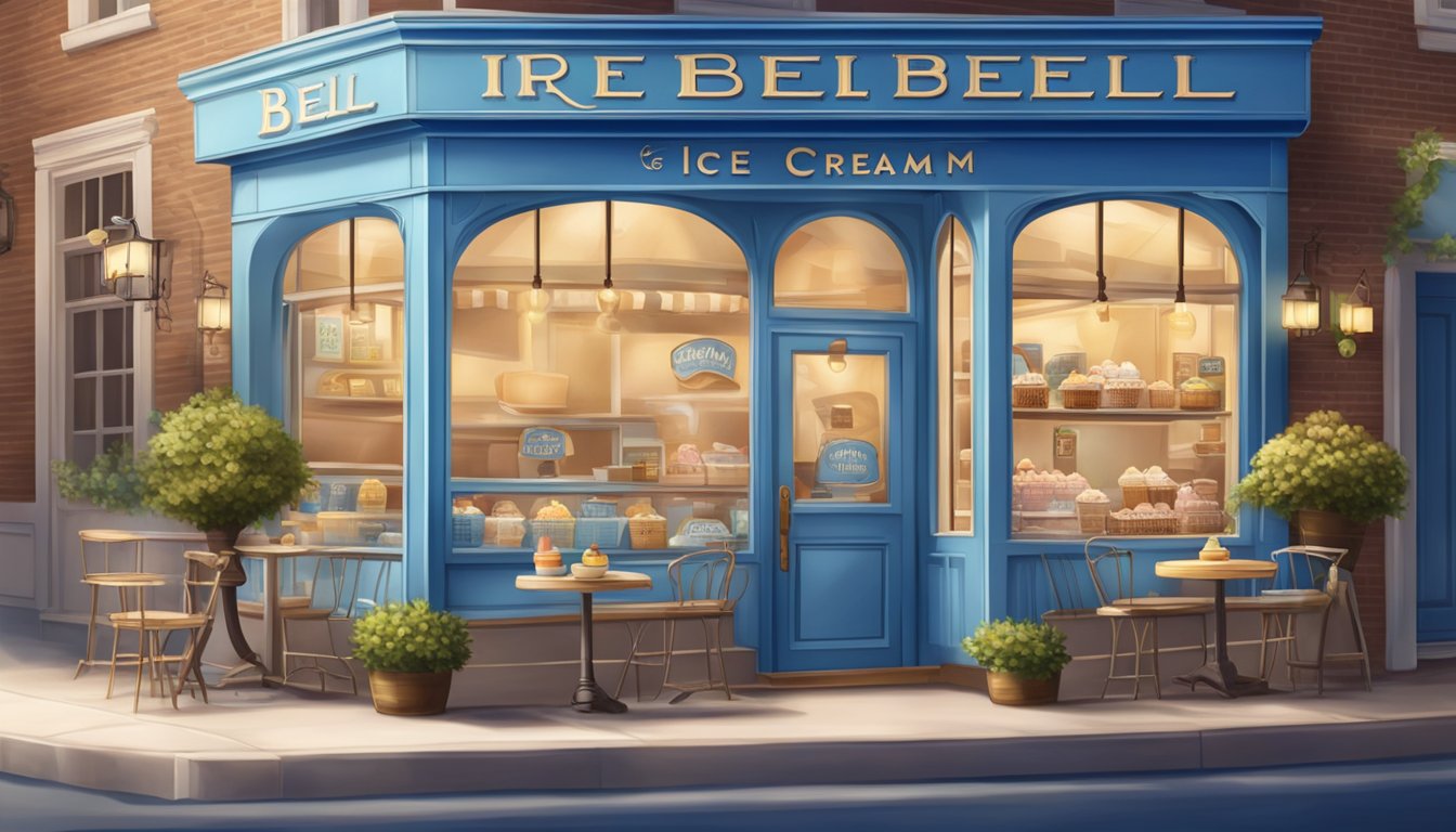 A cozy ice cream parlor with a vintage feel, featuring Blue Bell merchandise and a charming storefront