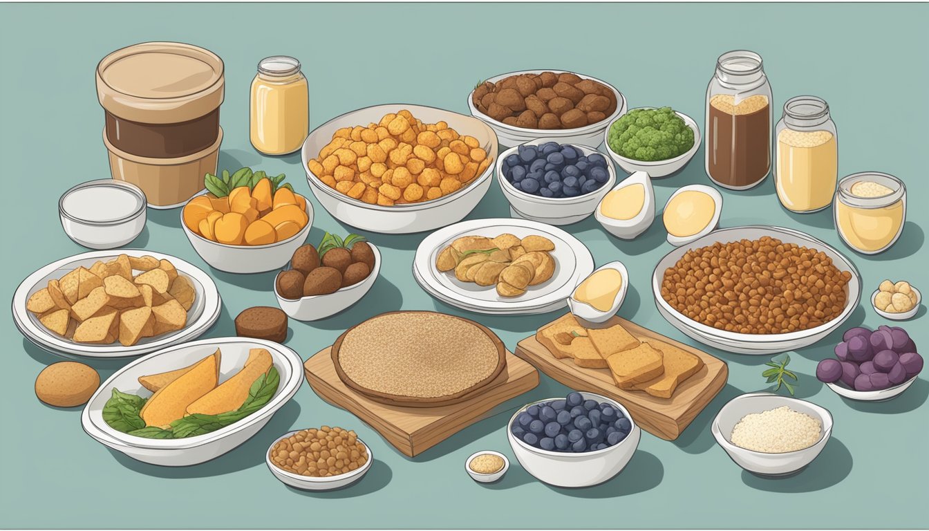 A table spread with various food items, each labeled with clear nutritional and allergen information