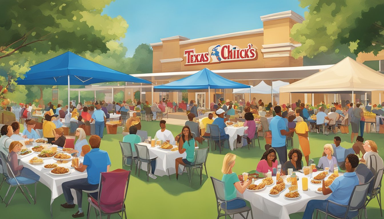 A festive outdoor event with tables filled with Church's Texas Chicken's catering dishes, surrounded by happy guests enjoying the delicious food