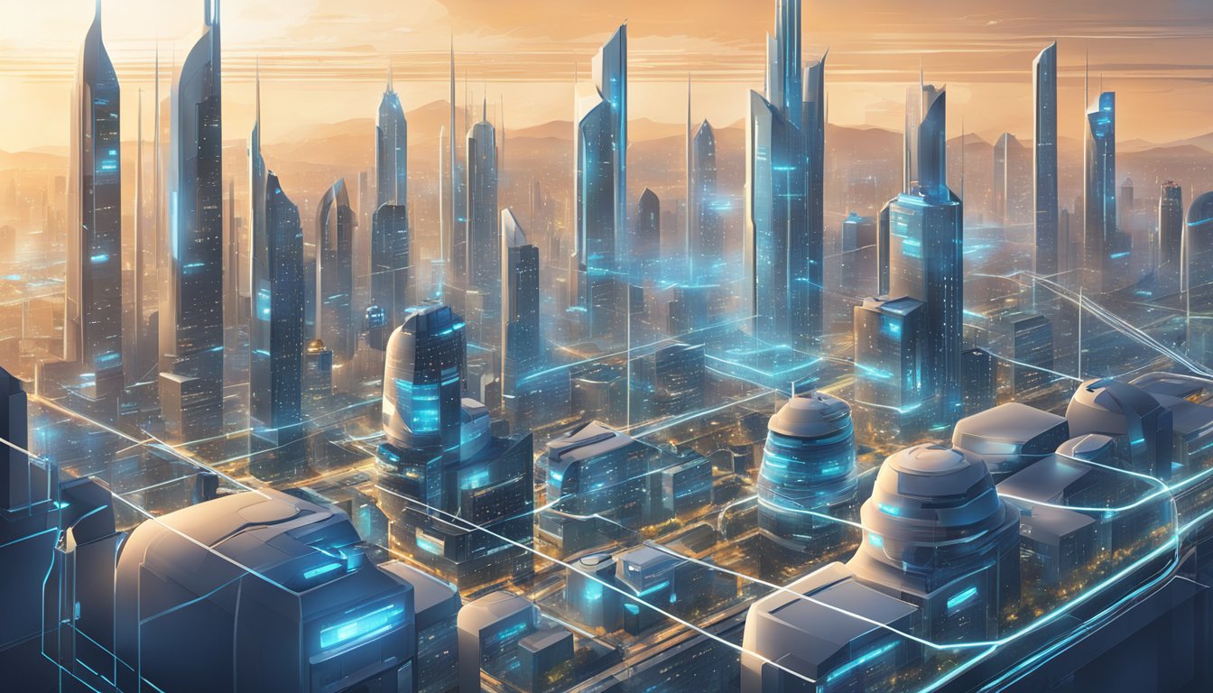 A futuristic city skyline with interconnected data networks and robotic arms working in a high-tech facility