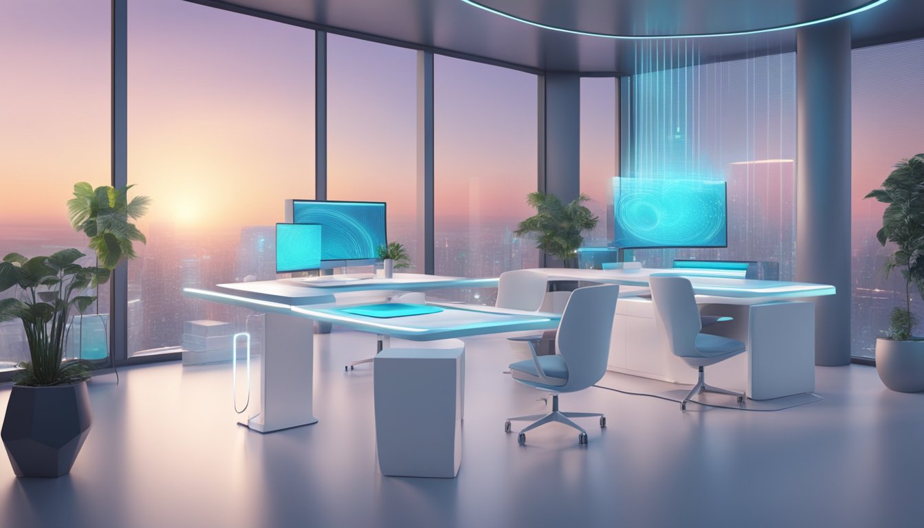 A futuristic, minimalist office space with sleek, white furniture and large windows. A holographic AI assistant interacts with customers on a digital display