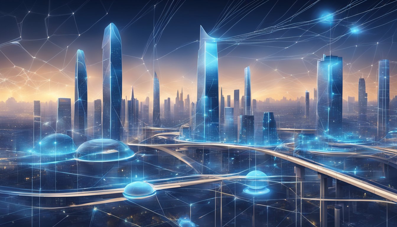 A futuristic city skyline with interconnected networks and advanced technology, symbolizing Blue Bell's commitment to artificial intelligence and automation