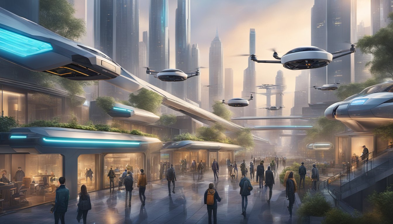 A futuristic cityscape with AI-powered drones and robots working alongside humans in a secure and private environment