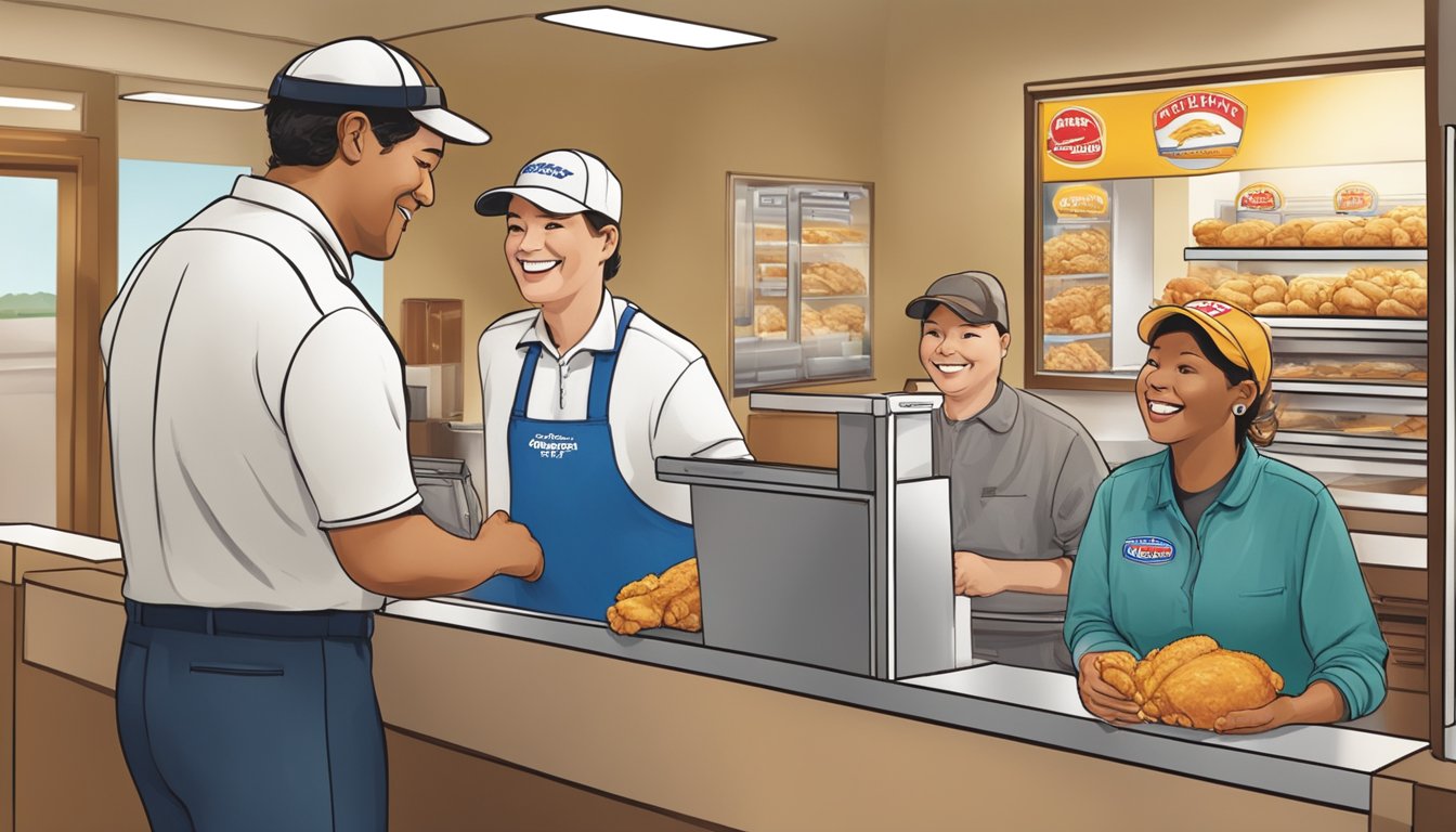 A smiling customer receives a warm greeting from a Church's Texas Chicken employee as they hold the door open for them, while another employee swiftly takes an order at the counter