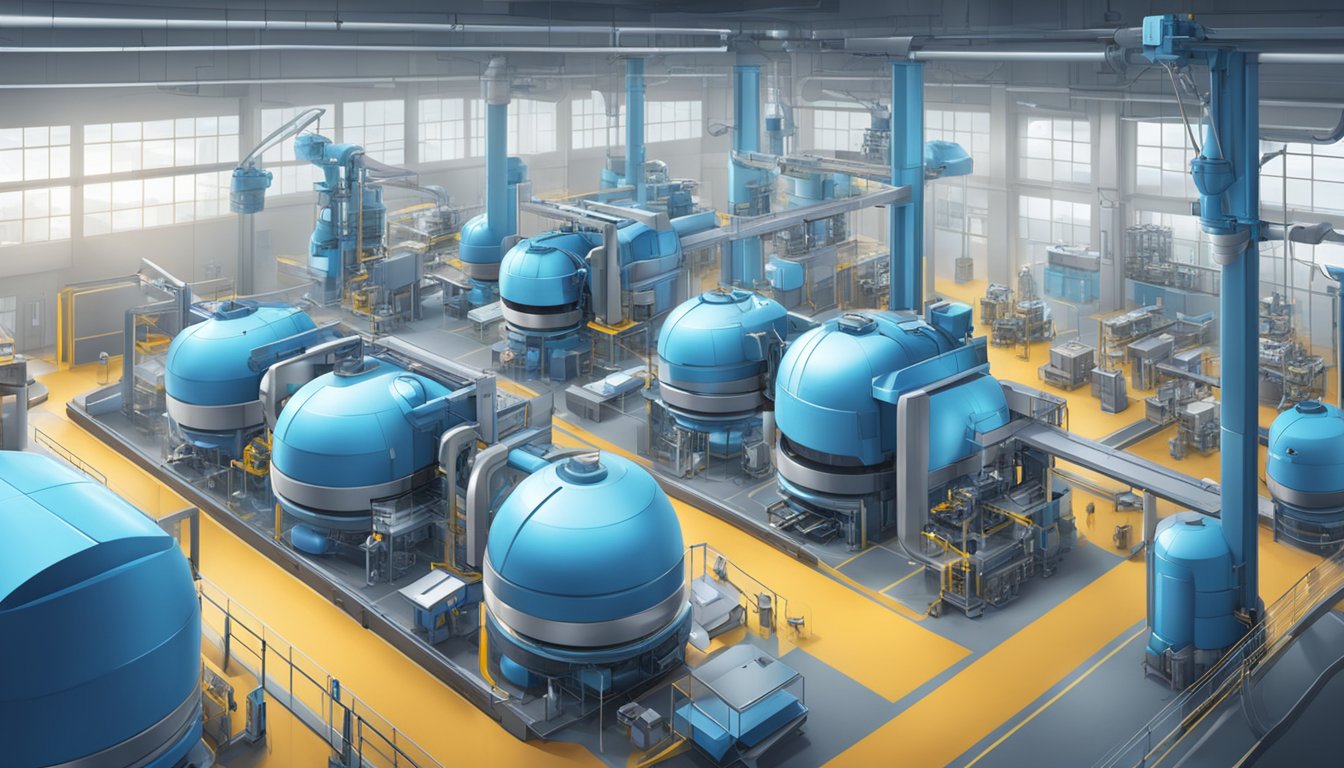 A futuristic factory with advanced machinery and robotic arms producing innovative products for Blue Bell