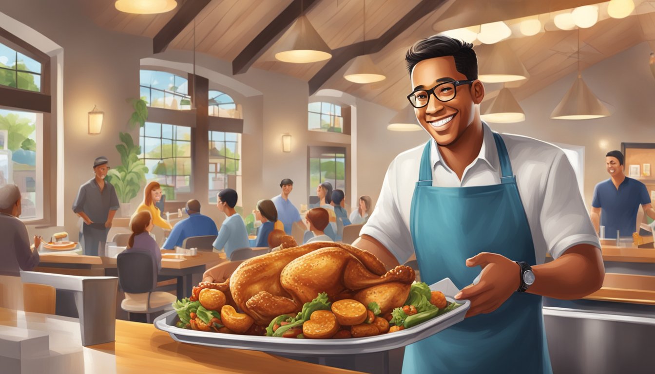 A smiling employee delivers a tray of sizzling chicken to a delighted customer at a bustling Texas Church's location, surrounded by bright, modern decor and a welcoming atmosphere