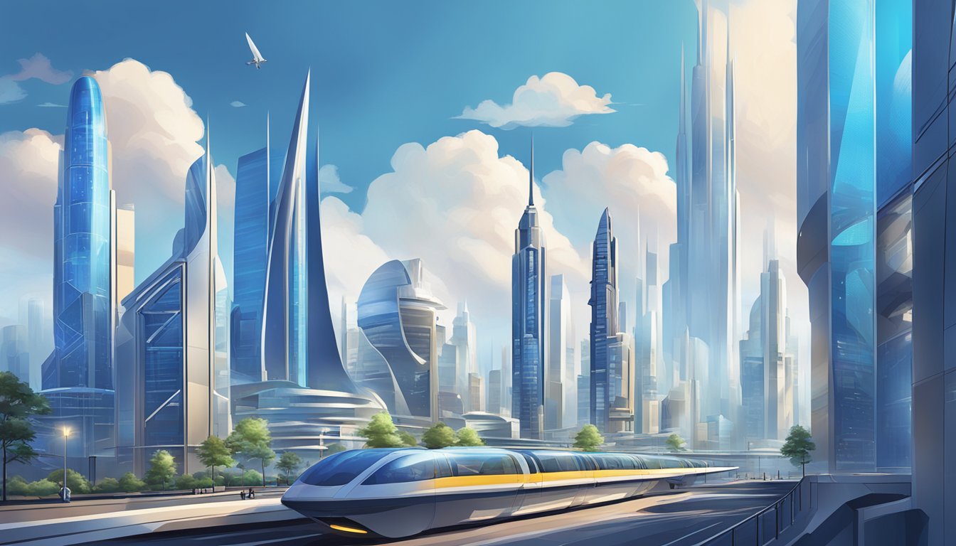 A futuristic cityscape with sleek, innovative buildings and advanced transportation systems. The skyline is dominated by the iconic Blue Bell Tower, a beacon of progress and innovation