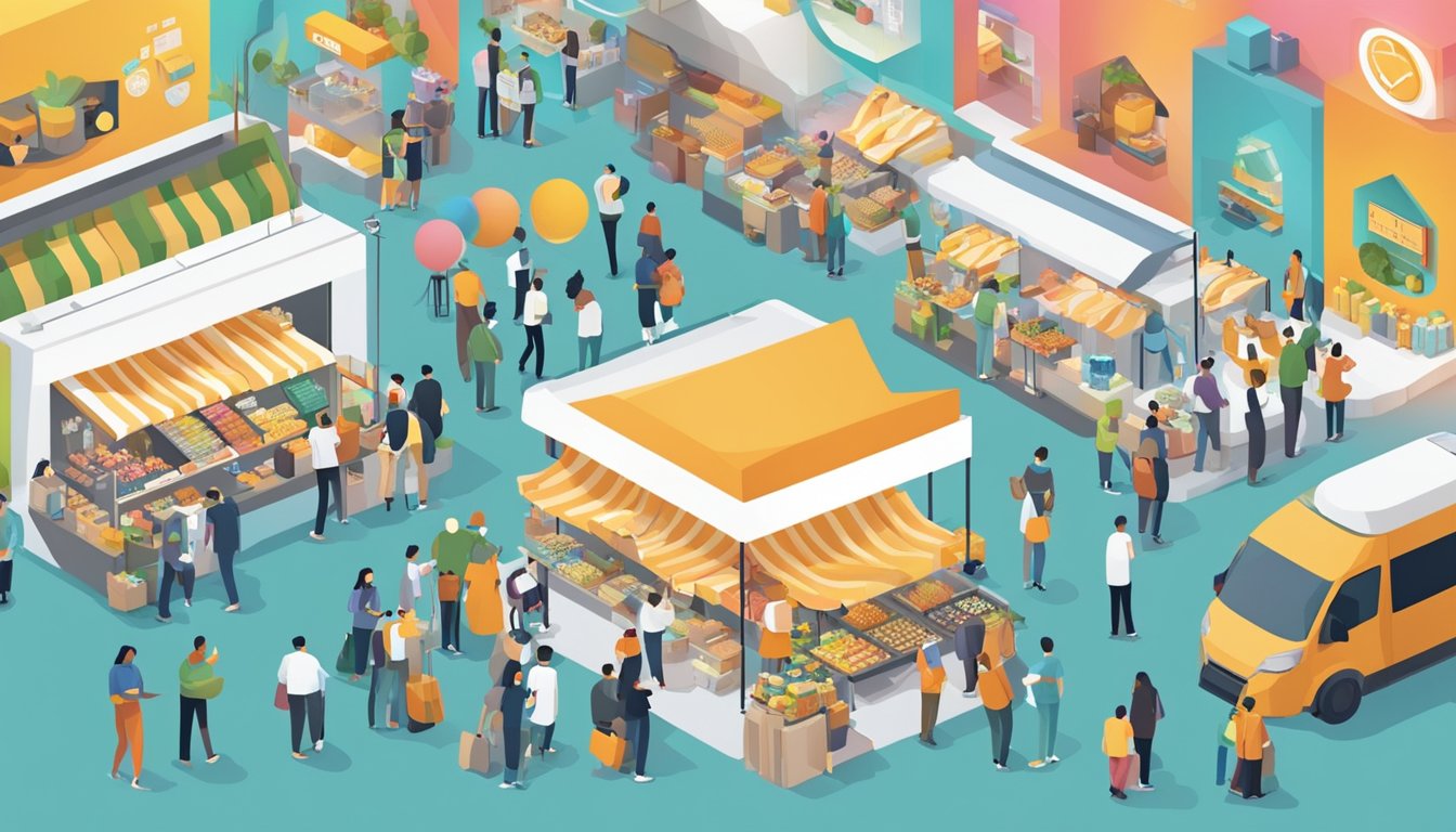 A bustling marketplace with vendors showcasing cutting-edge technology and innovative products. Excited consumers engage with demonstrations and displays, eagerly shaping the future of innovation