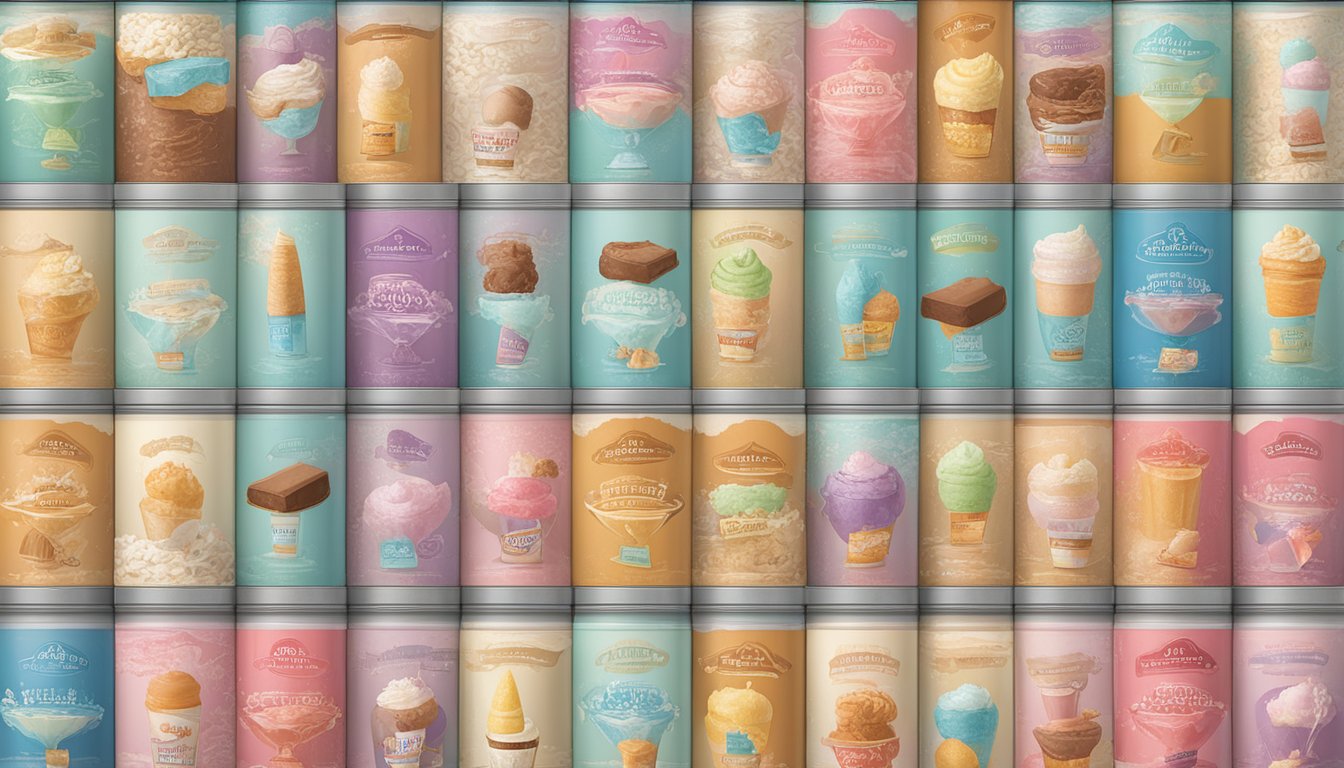 A colorful display of vintage ice cream flavors in a vault-like setting, with labels and imagery showcasing the legacy of each retired flavor