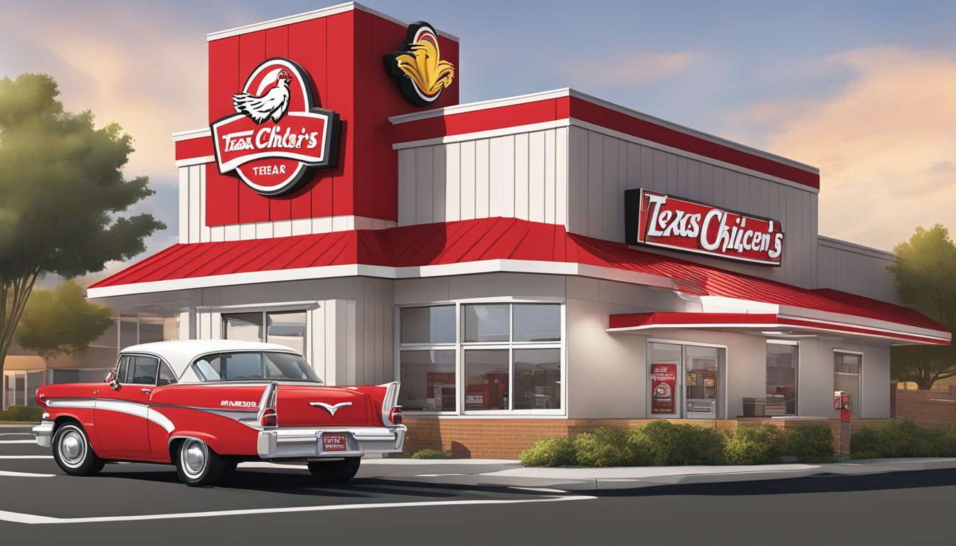 A bustling Church's Texas Chicken location with a bold red and white exterior, a drive-thru window, and a large sign with the iconic Church's logo