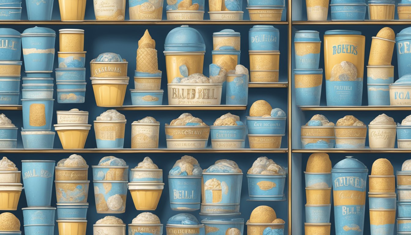 A dimly lit vault filled with rows of vintage ice cream containers, each labeled with a retired Blue Bell flavor and its unique story