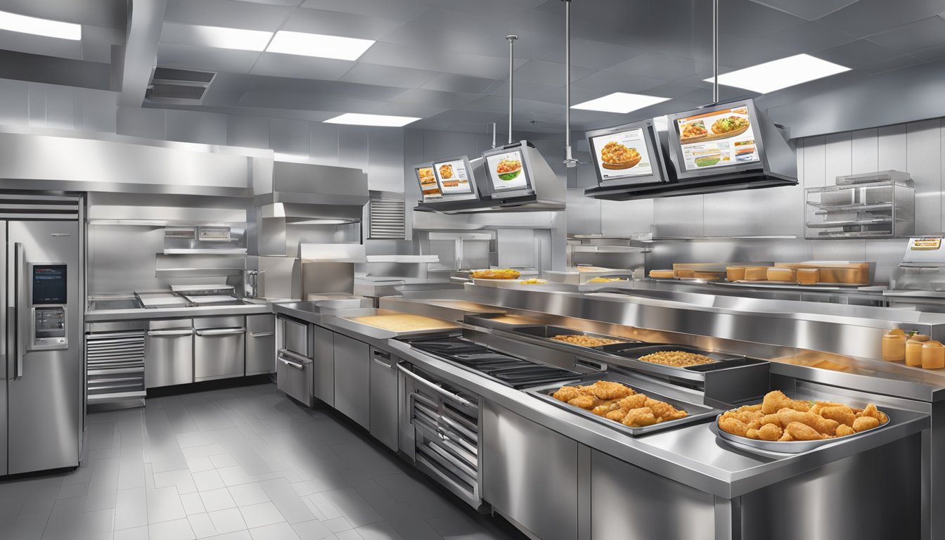 The bustling kitchen of Church's Texas Chicken, with modern cooking equipment and digital order screens, showcasing the impact of technology on operations